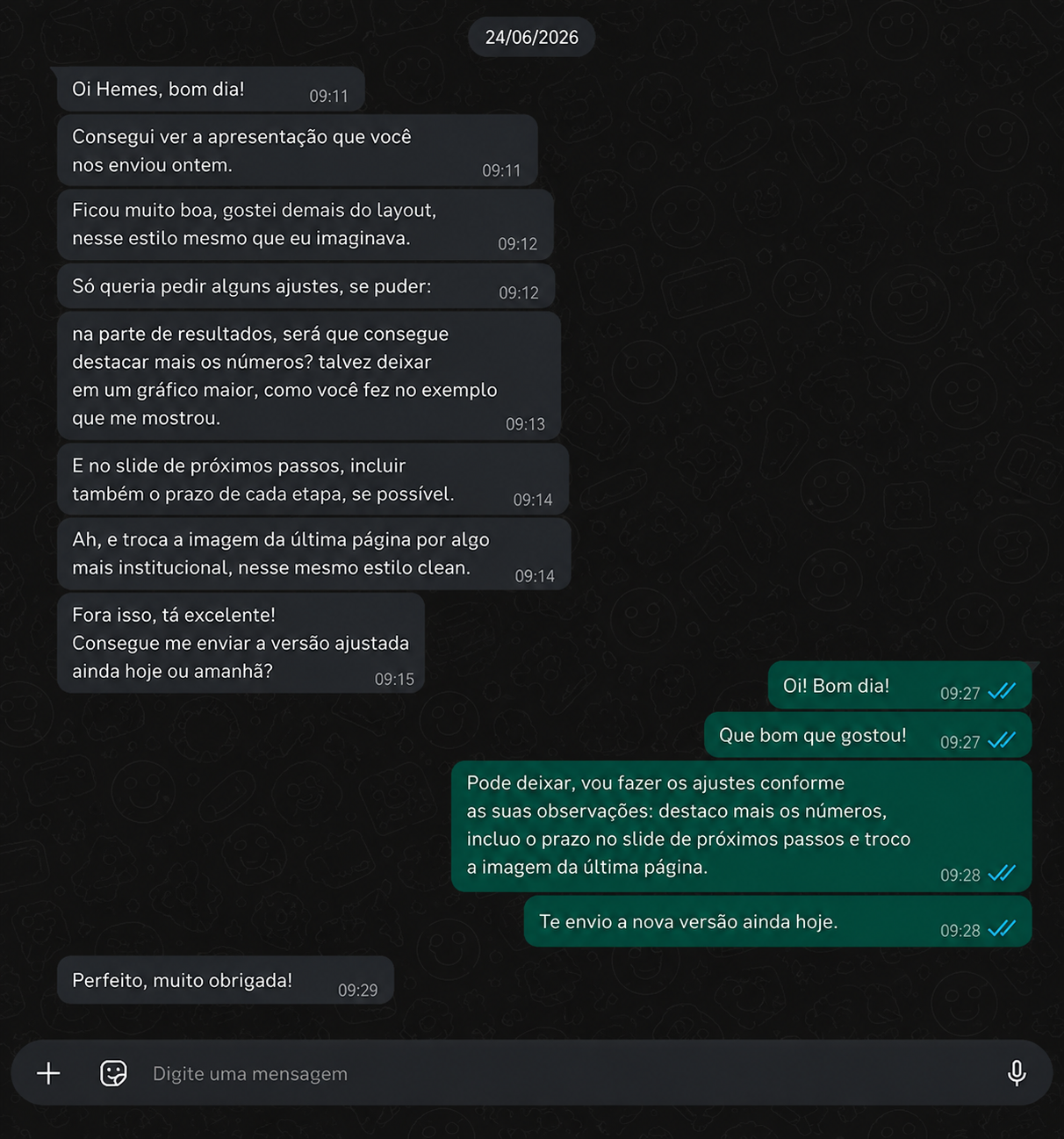 Conversa com cliente sobre o trabalho do Hermes